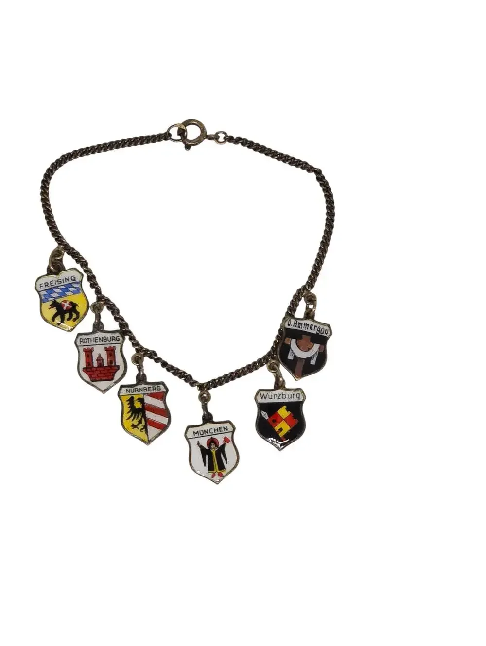 Vintage German City Crest Charm BRACELET, Six Enamel Travel SOUVENIR 800 SILVER